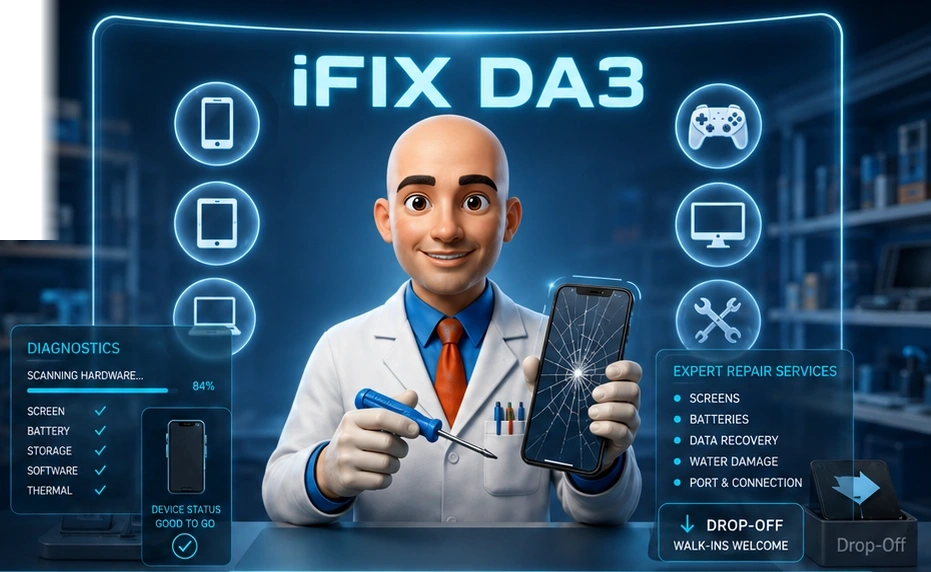 iFIX DA3 technician with device-repair equipment in a neon-lit workshop